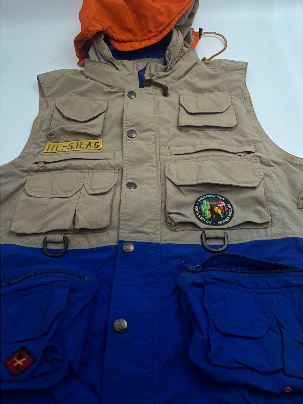 Ralph Lauren Hooded Field Vest in Tan, Blue & Orange